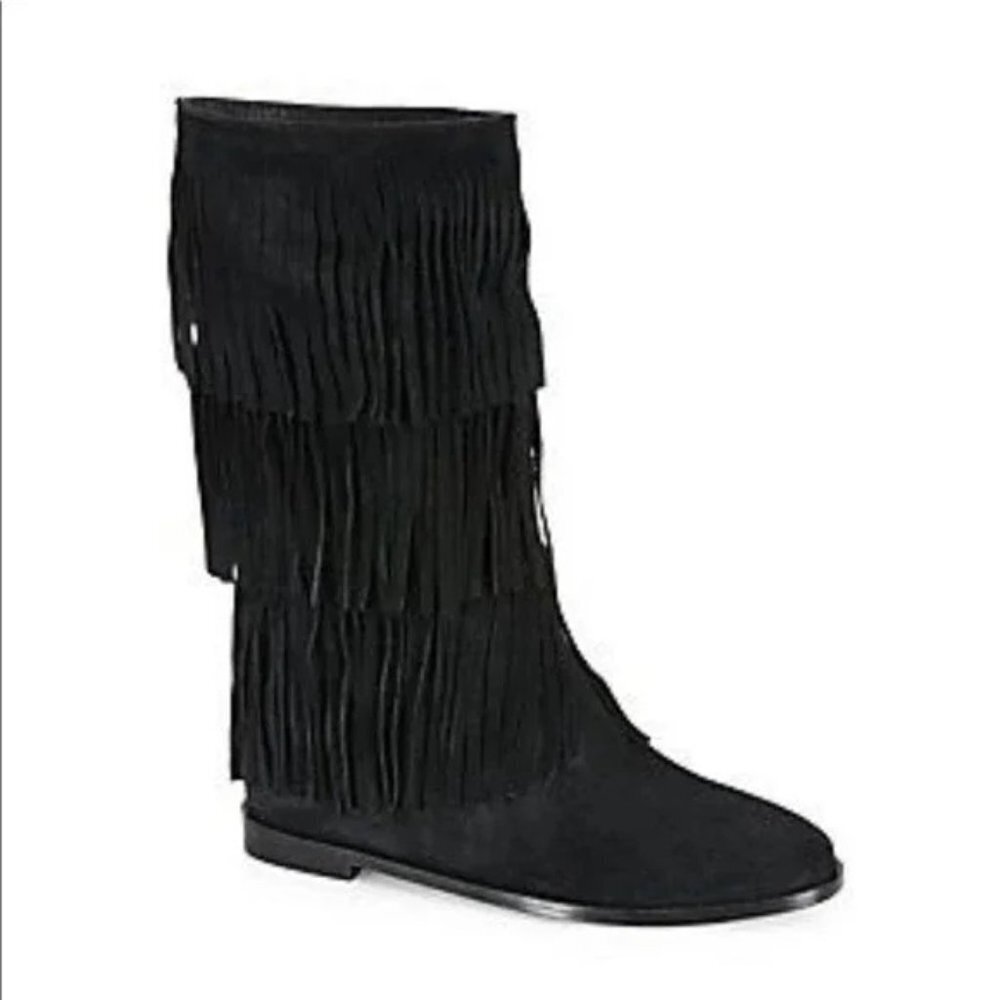 Alice + Olivia Panumas Fringe Mid Calf Boot Black Size 6 NWOB